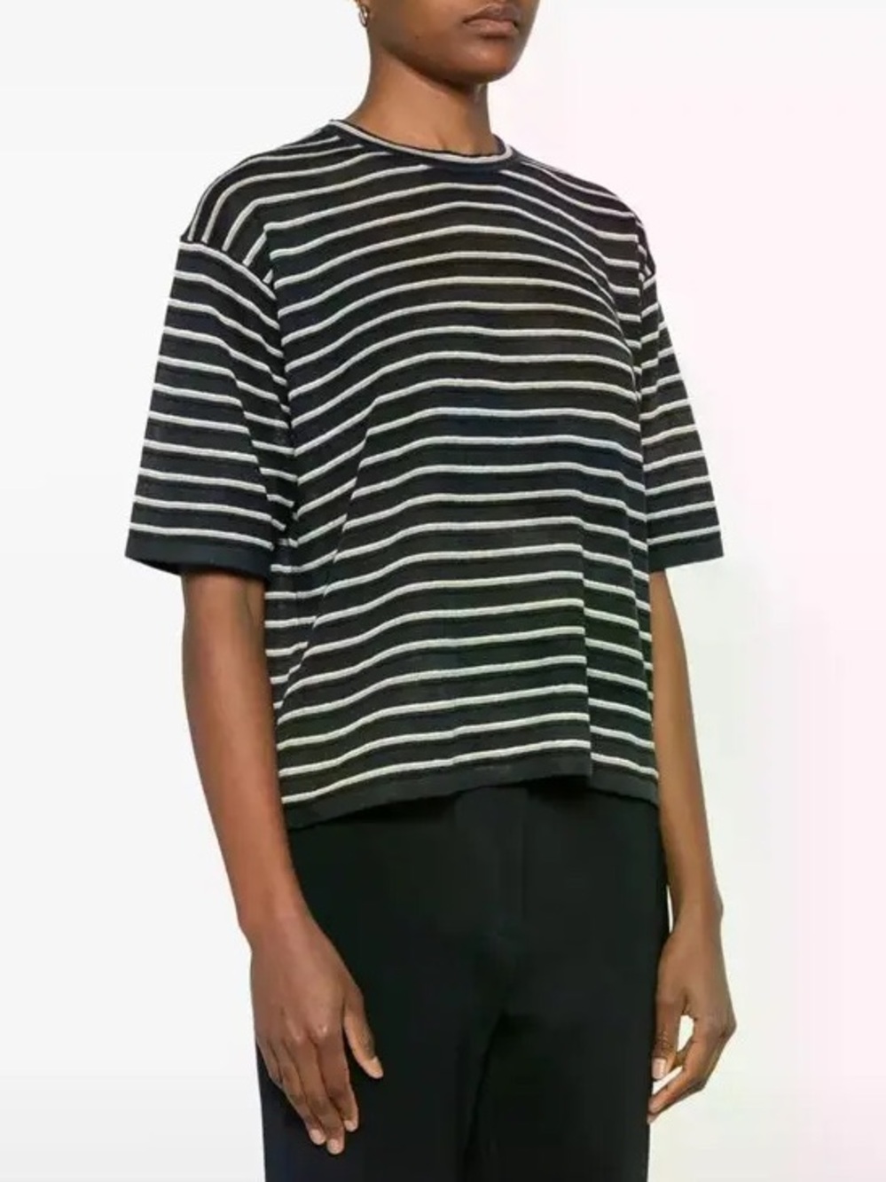 Theory Linen Blend Boyfriend Tee Size M Striped Navy White Stretchy Chic French